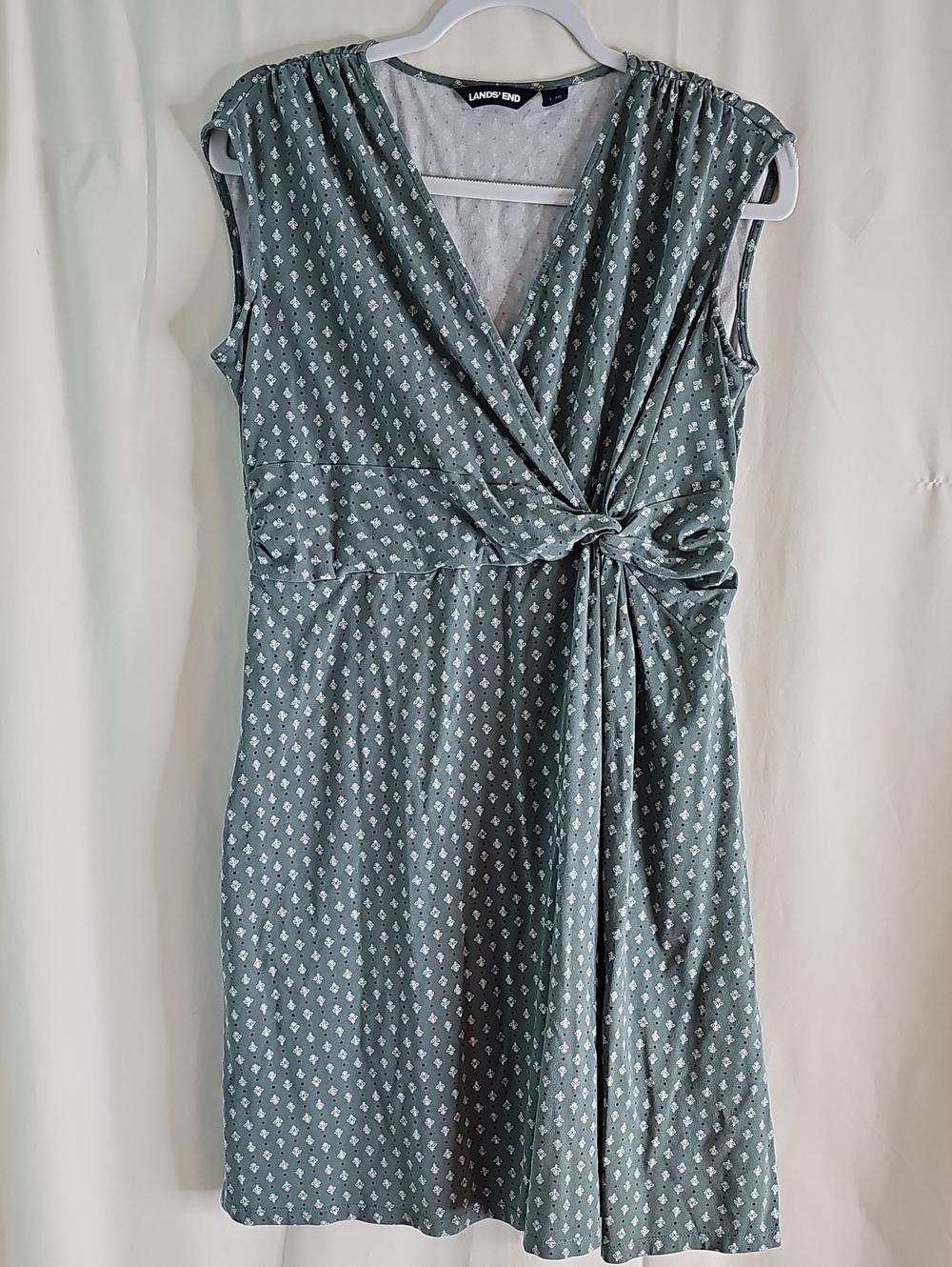 Lands' End Sage Green Sleeveless Faux-Wrap Knot Midi Dress